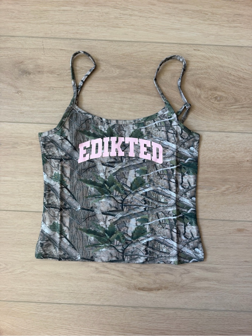 Edikted Pink Logo Camo Spaghetti Strap Tank